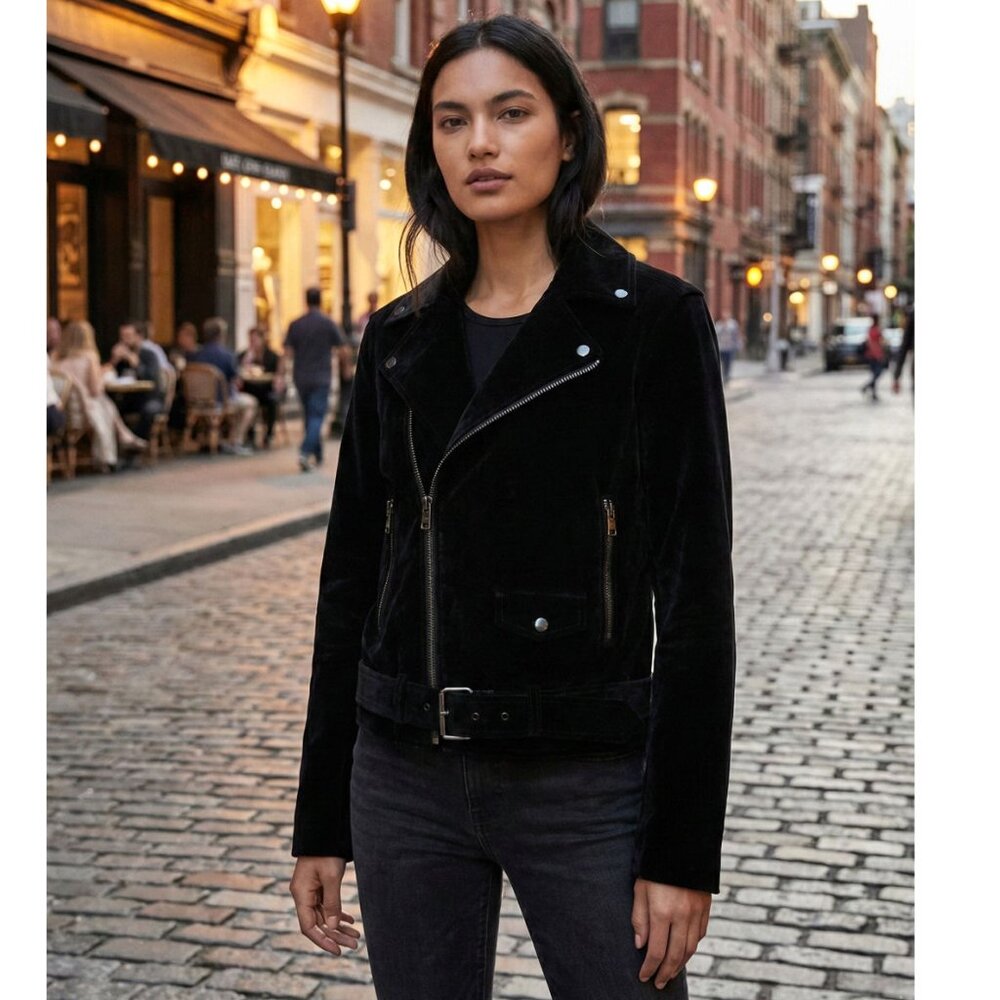 Nordstrom Signature Velvet Moto Biker Jacket, Black, Womens Size Large - Picture 2 of 10